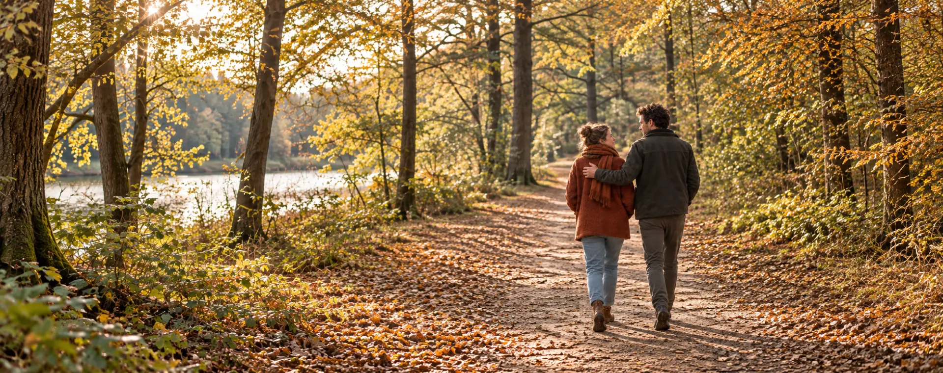 Jessica en Benjamin lopen samen over een herfstpad, zijn arm om haar schouder